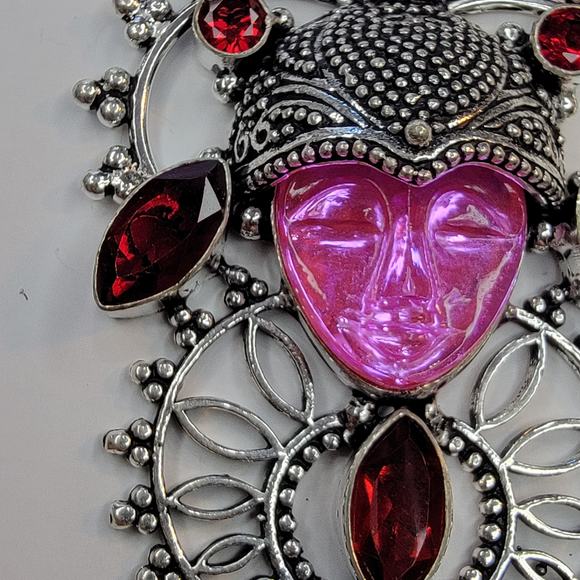 Sterling Silver Pendant with Pink Carved Face and Garnet Accents - Picture 3 of 10